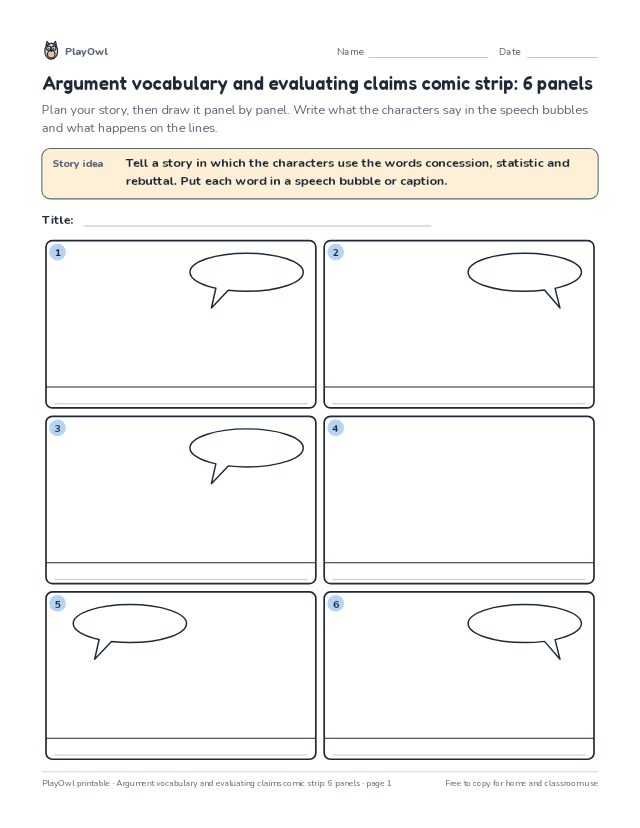 Argument vocabulary and evaluating claims comic strip: 6 panels: comic strip worksheet for Grade 8, page 1 preview
