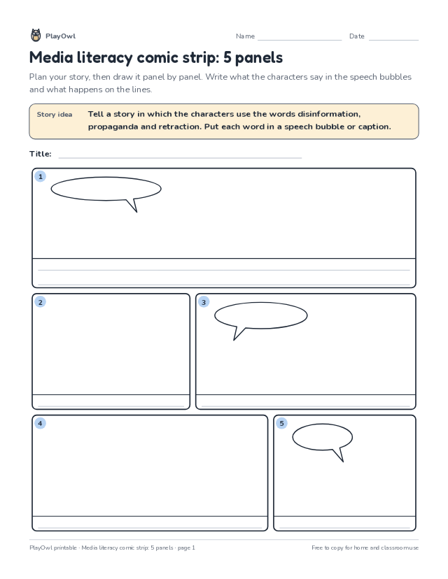 Media literacy comic strip: 5 panels: comic strip worksheet for Grade 8, page 1 preview