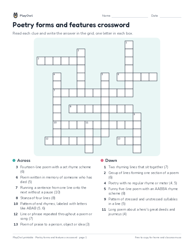 Poetry forms and features crossword: crossword puzzle for Grade 8, page 1 preview