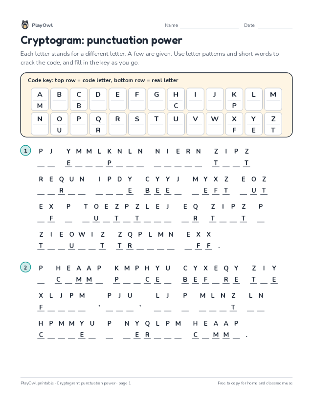 Cryptogram: punctuation power: secret code puzzle for Grade 8, page 1 preview