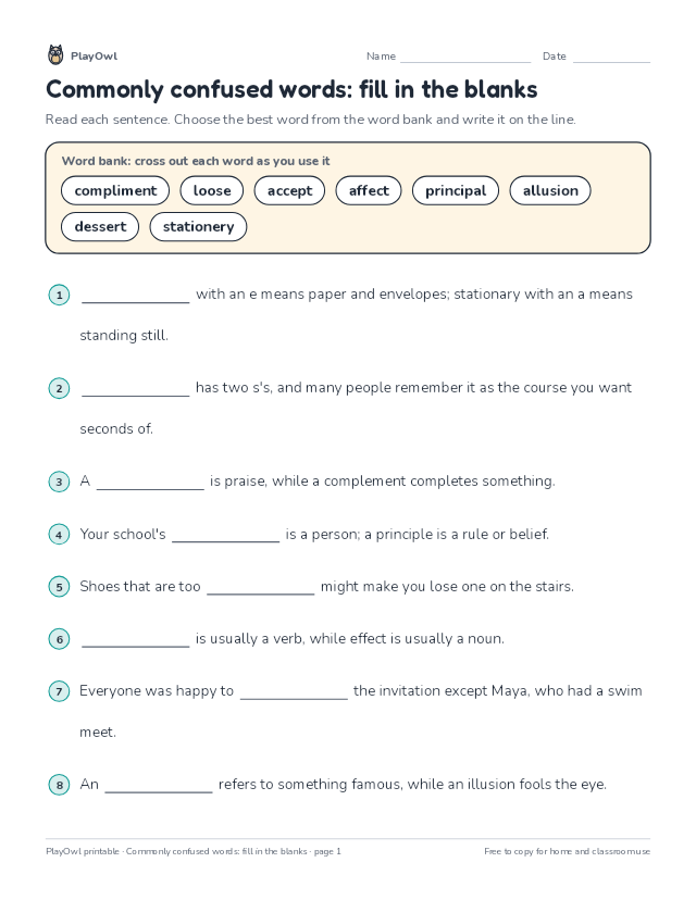 Commonly confused words: fill in the blanks: fill-in-the-blank worksheet for Grade 8, page 1 preview