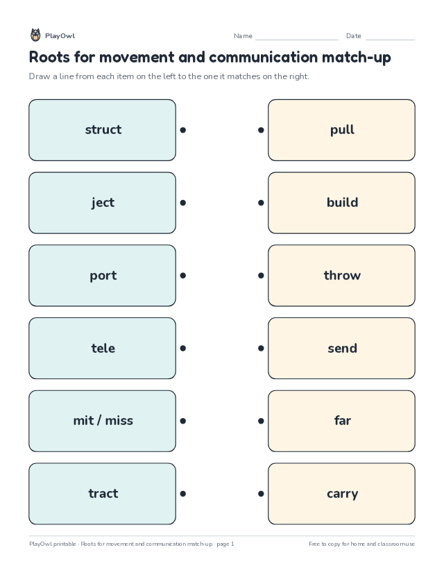 Roots for movement and communication match-up: matching worksheet for Grade 8, page 1 preview