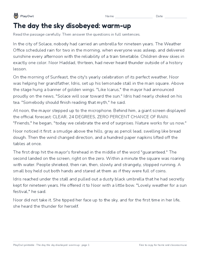 The day the sky disobeyed: warm-up: reading passage for Grade 8, page 1 preview