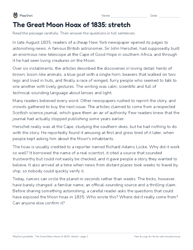The Great Moon Hoax of 1835: stretch: reading passage for Grade 8, page 1 preview