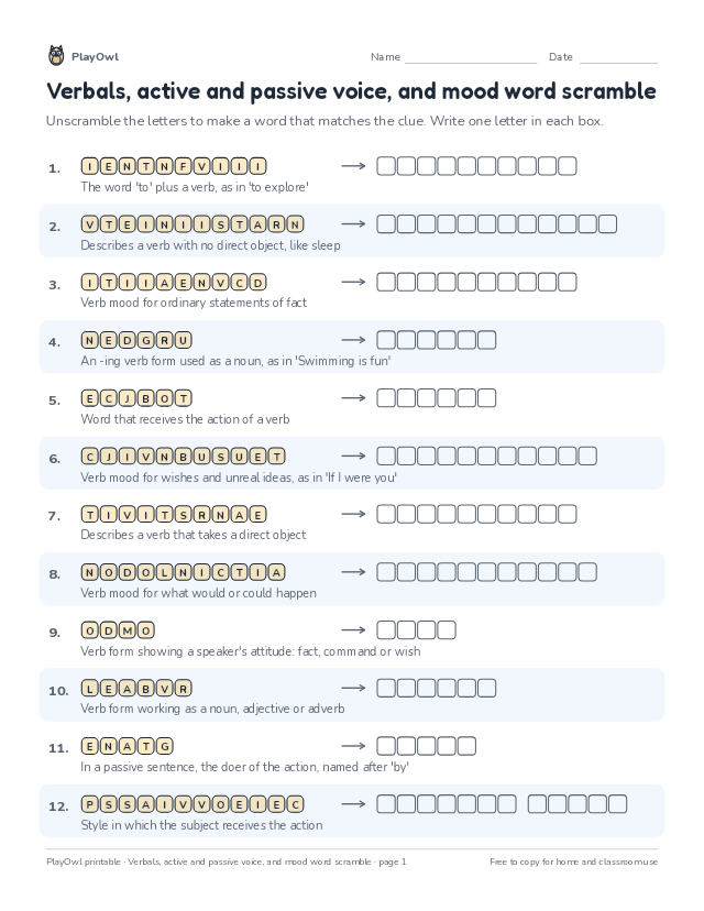 Verbals, active and passive voice, and mood word scramble: word scramble for Grade 8, page 1 preview