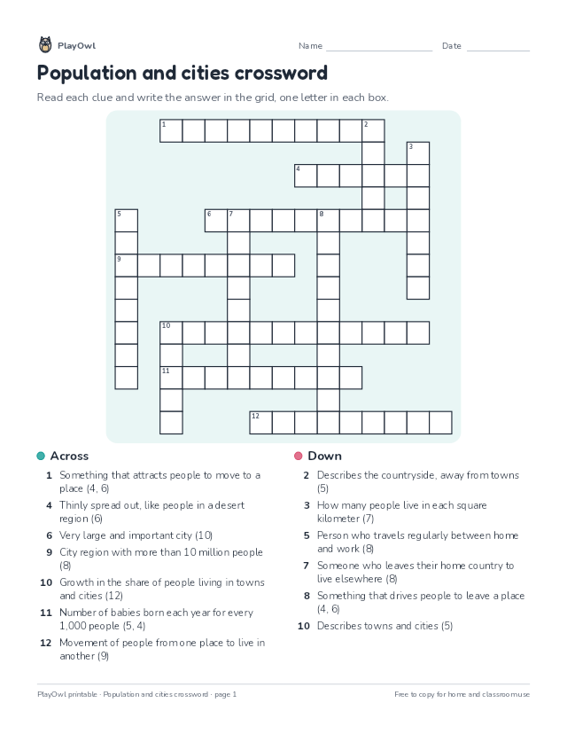 Population and cities crossword: crossword puzzle for Grade 8, page 1 preview