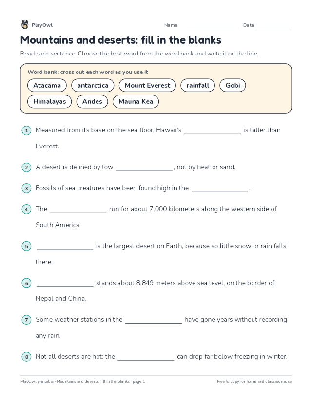 Mountains and deserts: fill in the blanks: fill-in-the-blank worksheet for Grade 8, page 1 preview