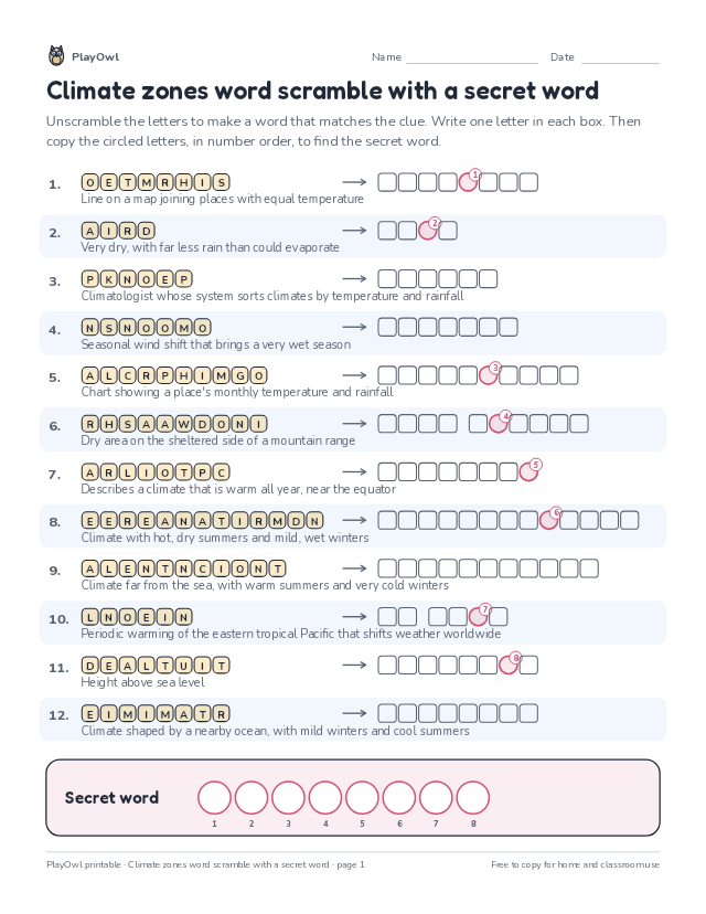 Climate zones word scramble with a secret word: word scramble for Grade 8, page 1 preview