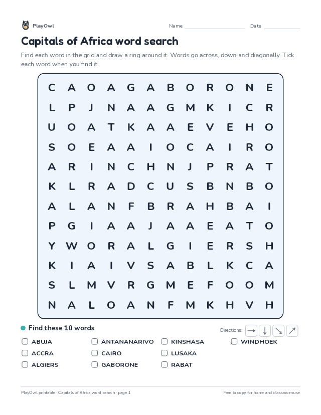 Capitals of Africa word search: word search for Grade 8, page 1 preview