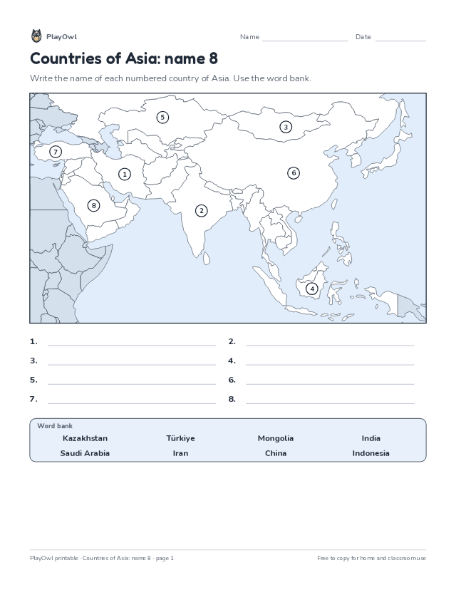Countries of Asia: name 8: map worksheet for Grade 8, page 1 preview