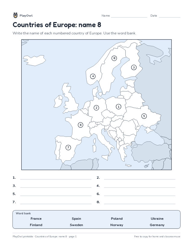 Countries of Europe: name 8: map worksheet for Grade 8, page 1 preview