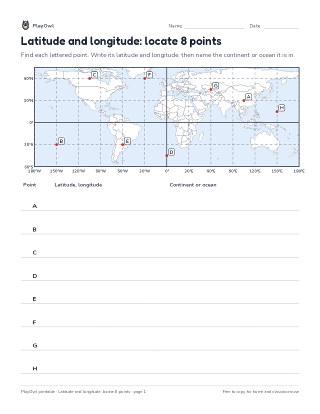 Latitude and longitude: locate 8 points: map worksheet for Grade 8, page 1 preview