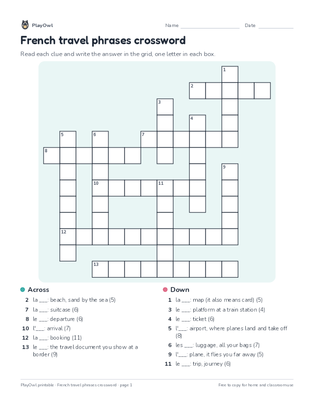 French travel phrases crossword: crossword puzzle for Grade 8, page 1 preview