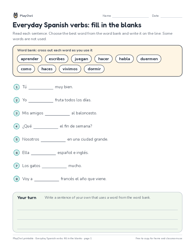 Everyday Spanish verbs: fill in the blanks: fill-in-the-blank worksheet for Grade 8, page 1 preview