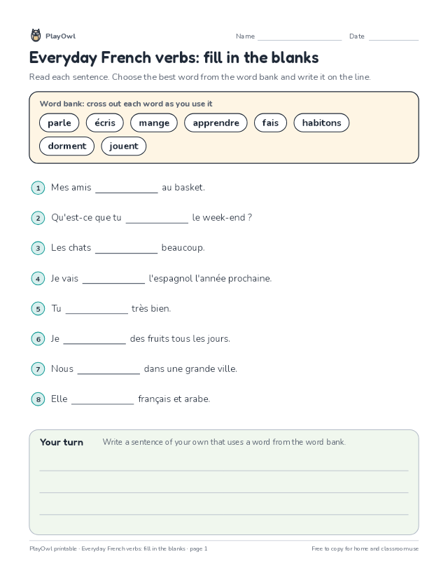 Everyday French verbs: fill in the blanks: fill-in-the-blank worksheet for Grade 8, page 1 preview