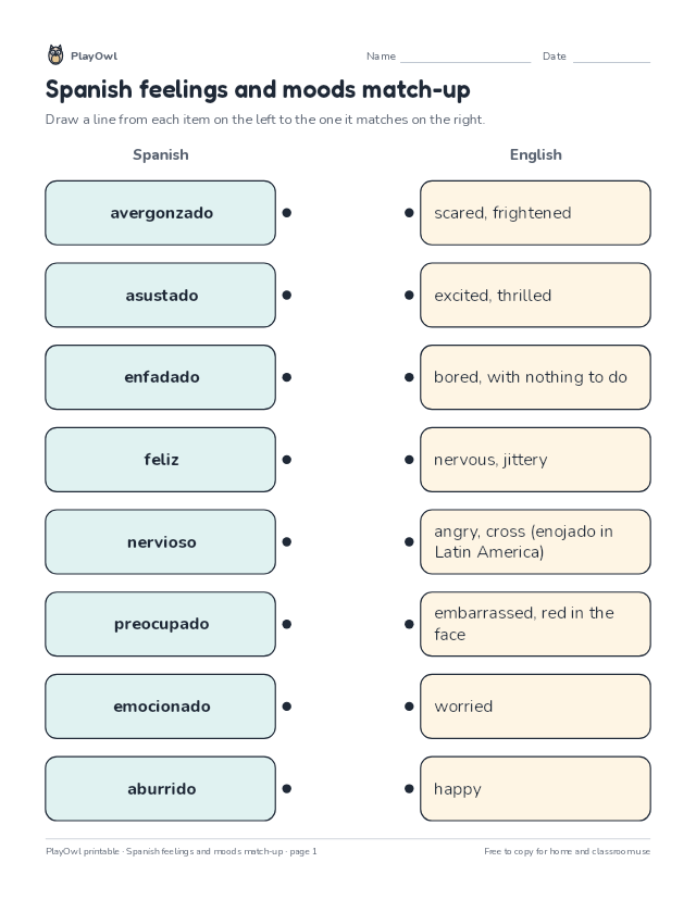 Spanish feelings and moods match-up: matching worksheet for Grade 8, page 1 preview