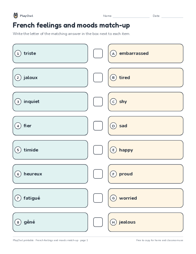 French feelings and moods match-up: matching worksheet for Grade 8, page 1 preview