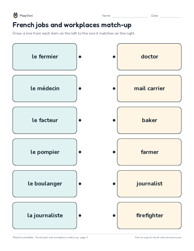French jobs and workplaces match-up: matching worksheet for Grade 8, page 1 preview