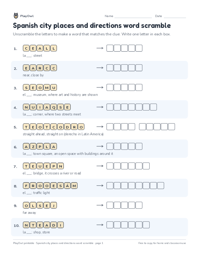 Spanish city places and directions word scramble: word scramble for Grade 8, page 1 preview