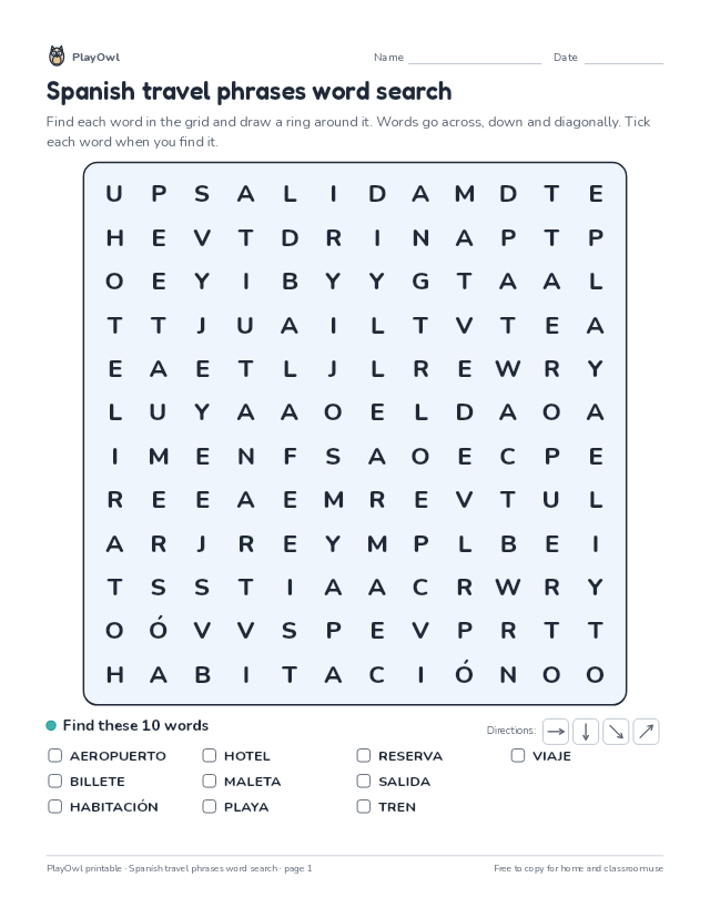 Spanish travel phrases word search: word search for Grade 8, page 1 preview