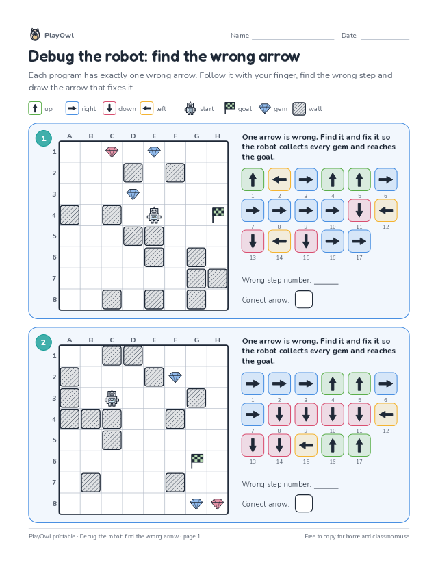 Debug the robot: find the wrong arrow: coding puzzle for Grade 8, page 1 preview