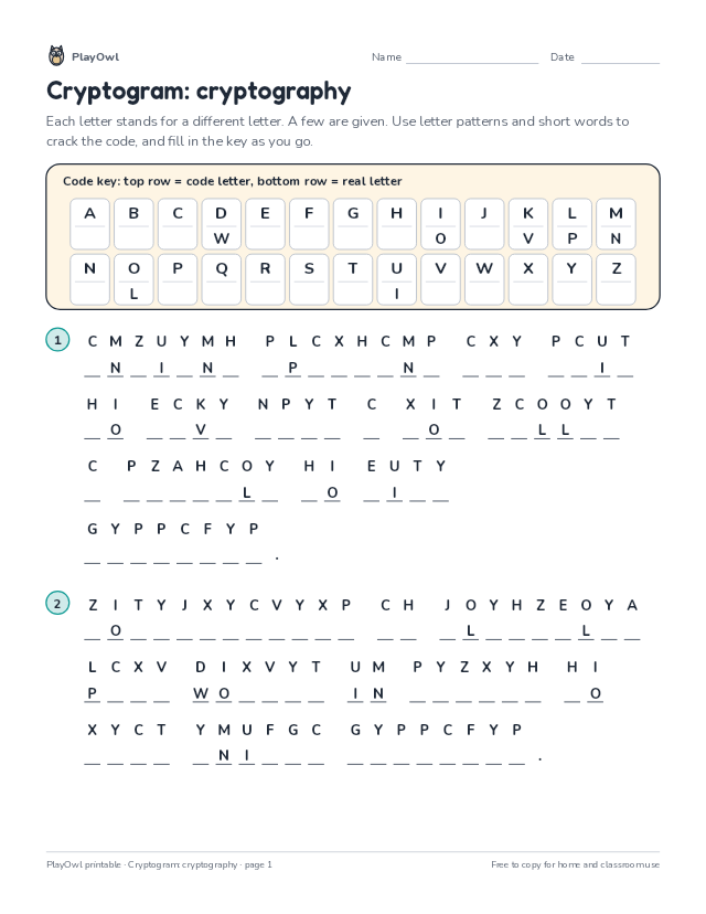 Cryptogram: cryptography: secret code puzzle for Grade 8, page 1 preview