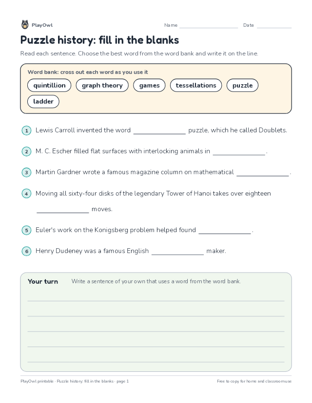 Puzzle history: fill in the blanks: fill-in-the-blank worksheet for Grade 8, page 1 preview