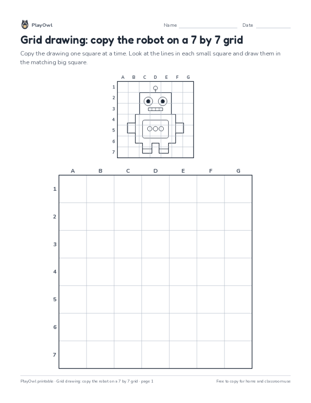 Grid drawing: copy the robot on a 7 by 7 grid: grid drawing worksheet for Grade 8, page 1 preview