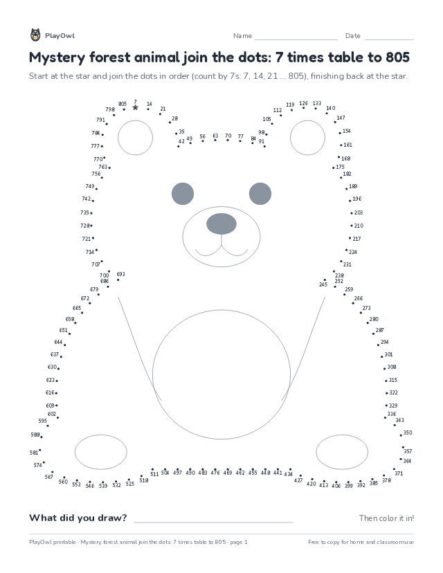 Mystery forest animal join the dots: 7 times table to 805: dot-to-dot for Grade 8, page 1 preview