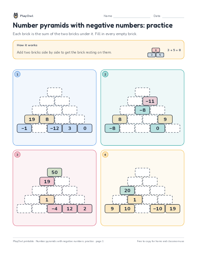 Number pyramids with negative numbers: practice: math puzzle for Grade 8, page 1 preview