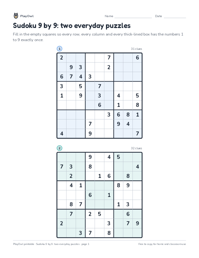 Sudoku 9 by 9: two everyday puzzles: sudoku puzzle for Grade 8, page 1 preview