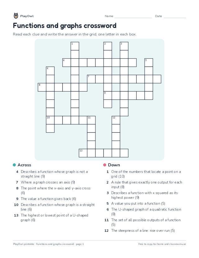 Functions and graphs crossword: crossword puzzle for Grade 8, page 1 preview