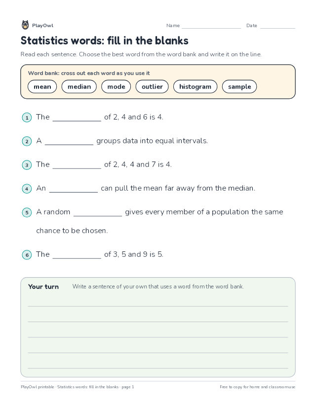 Statistics words: fill in the blanks: fill-in-the-blank worksheet for Grade 8, page 1 preview