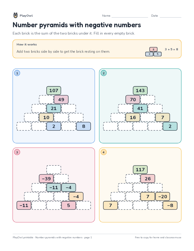 Number pyramids with negative numbers: math puzzle for Grade 8, page 1 preview