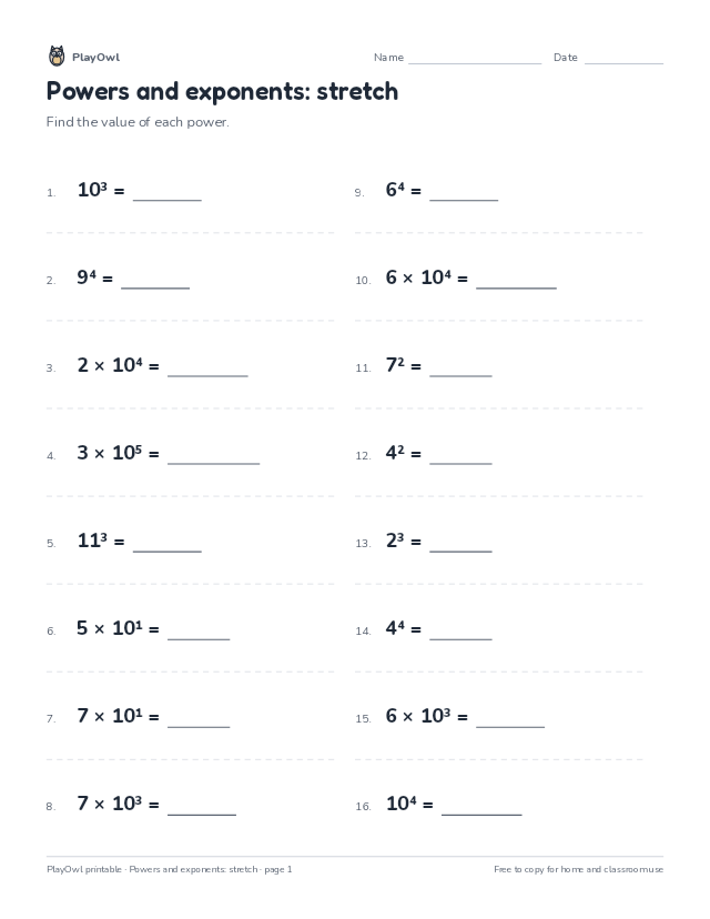 Powers and exponents: stretch: math worksheet for Grade 8, page 1 preview