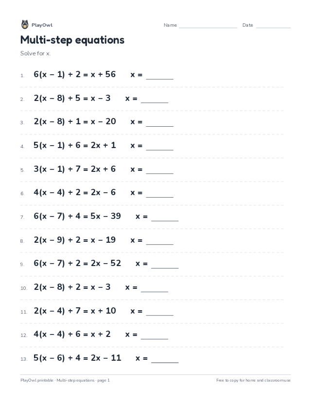 Multi-step equations: math worksheet for Grade 8, page 1 preview