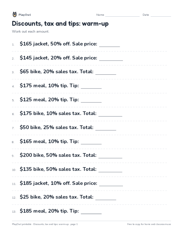 Discounts, tax and tips: warm-up: math worksheet for Grade 8, page 1 preview