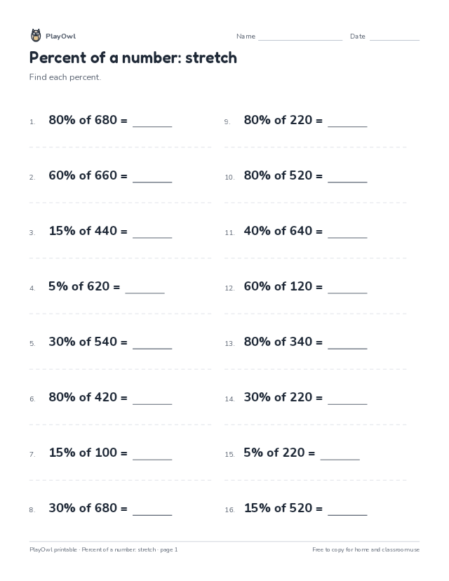 Percent of a number: stretch: math worksheet for Grade 8, page 1 preview