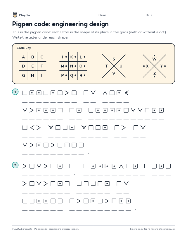 Pigpen code: engineering design: secret code puzzle for Grade 8, page 1 preview