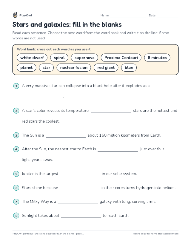 Stars and galaxies: fill in the blanks: fill-in-the-blank worksheet for Grade 8, page 1 preview