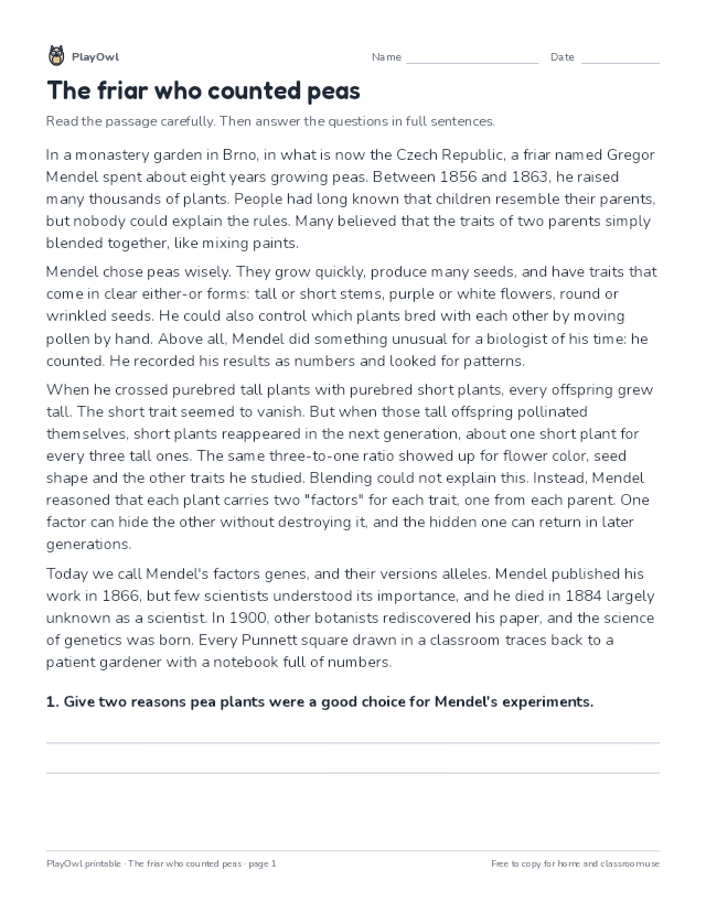 The friar who counted peas: reading passage for Grade 8, page 1 preview