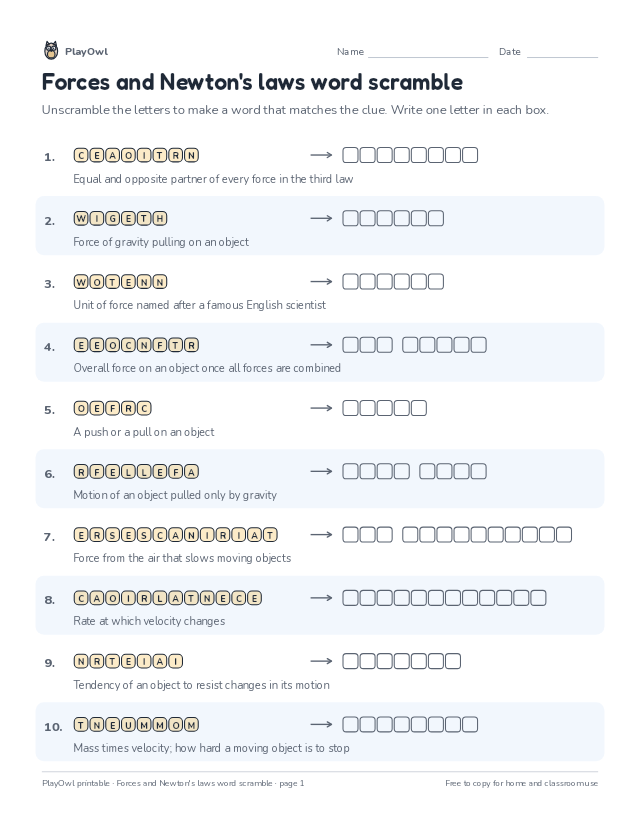 Forces and Newton's laws word scramble: word scramble for Grade 8, page 1 preview