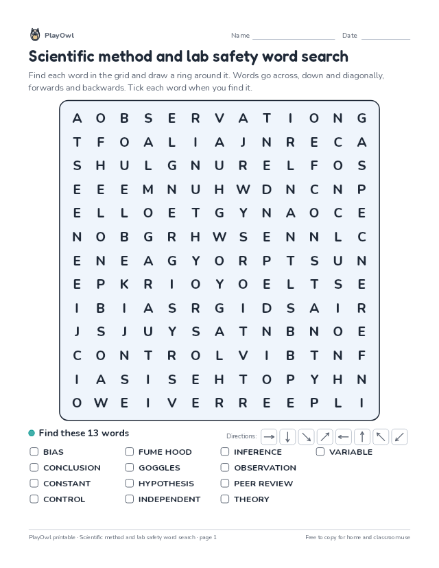 Scientific method and lab safety word search: word search for Grade 8, page 1 preview