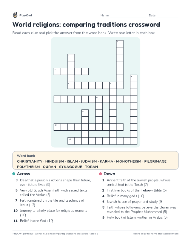 World religions: comparing traditions crossword: crossword puzzle for Grade 8, page 1 preview