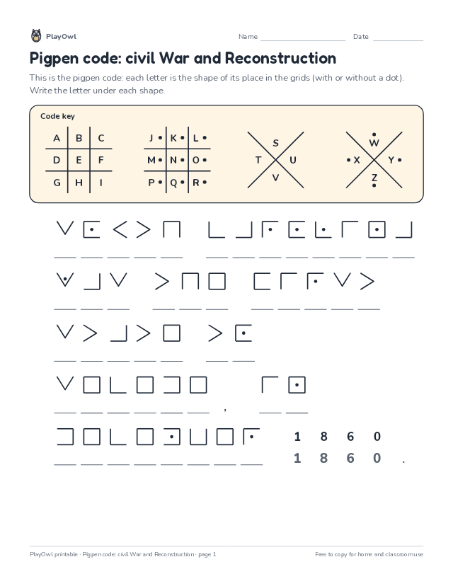 Pigpen code: civil War and Reconstruction: secret code puzzle for Grade 8, page 1 preview