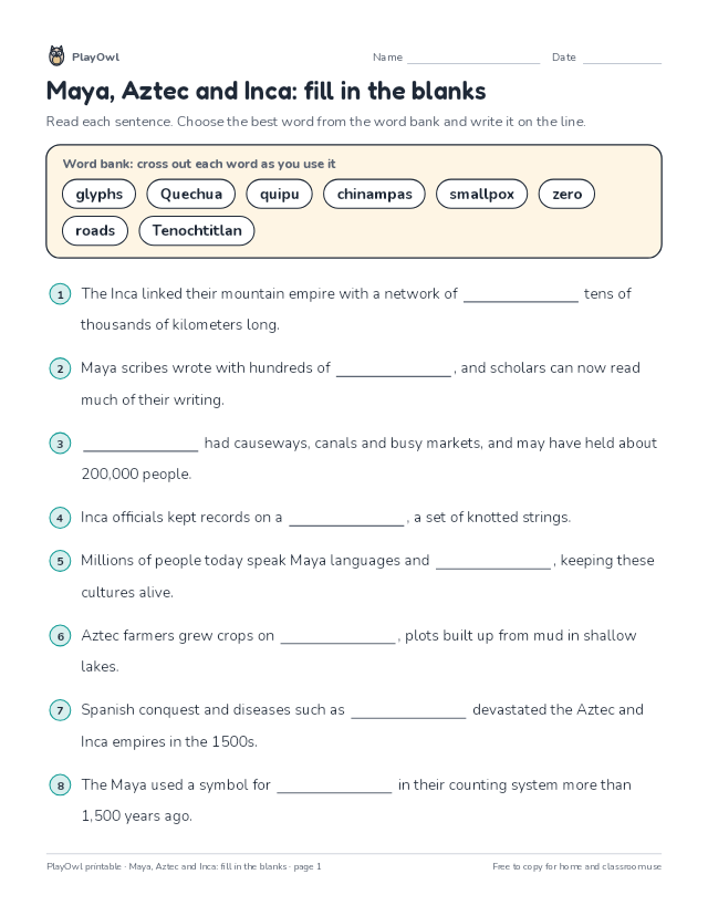 Maya, Aztec and Inca: fill in the blanks: fill-in-the-blank worksheet for Grade 8, page 1 preview