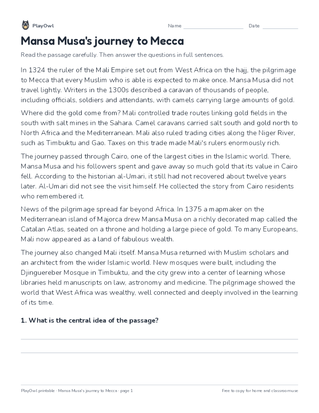 Mansa Musa's journey to Mecca: reading passage for Grade 8, page 1 preview