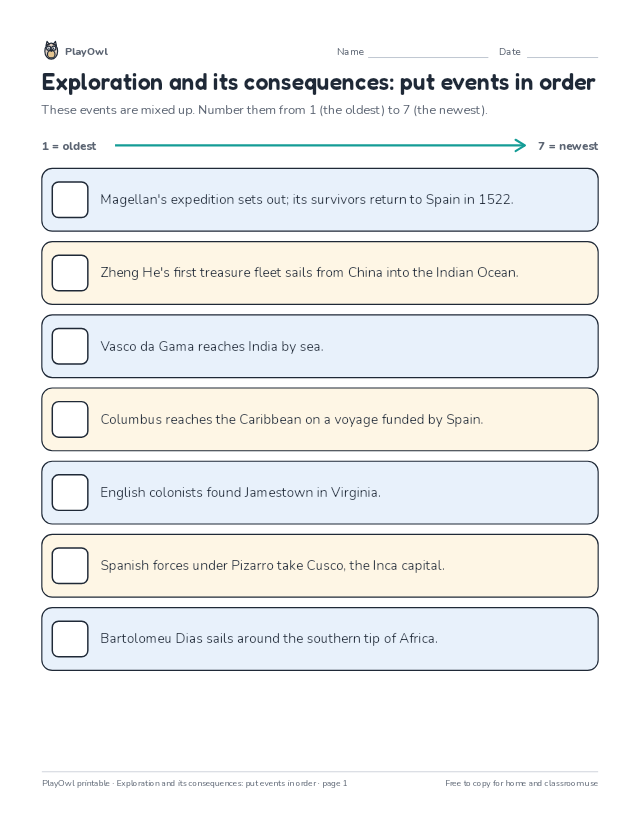 Exploration and its consequences: put events in order: timeline worksheet for Grade 8, page 1 preview