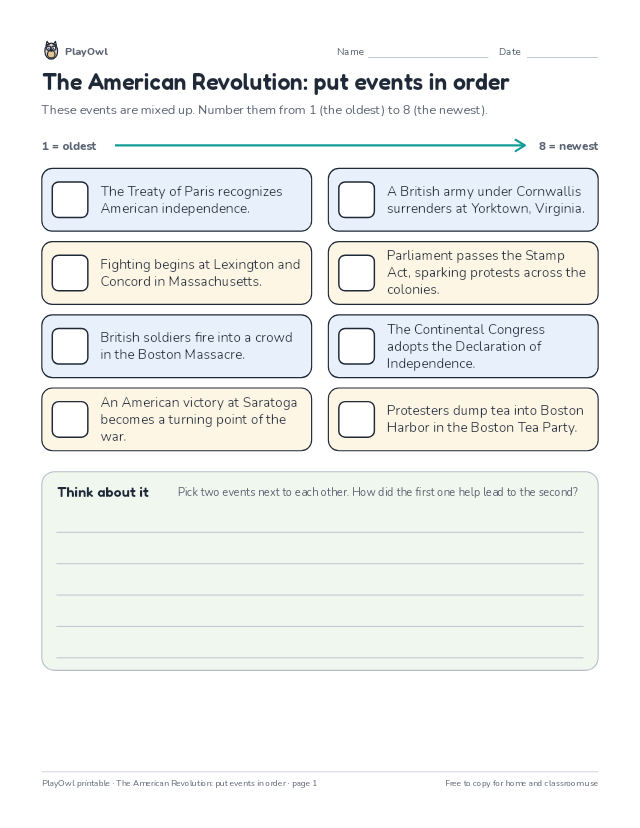 The American Revolution: put events in order: timeline worksheet for Grade 8, page 1 preview