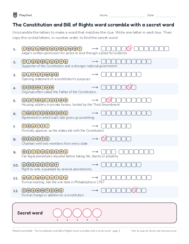 The Constitution and Bill of Rights word scramble with a secret word: word scramble for Grade 8, page 1 preview